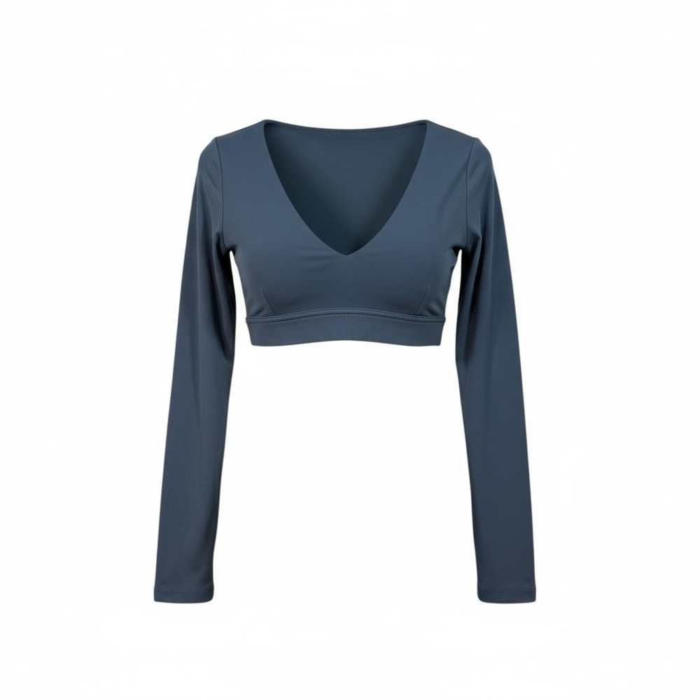 Peachy Bunz Long‎ Sleeve Cropped V Neck Activewear Top M Built In Bra Yoga NWOT